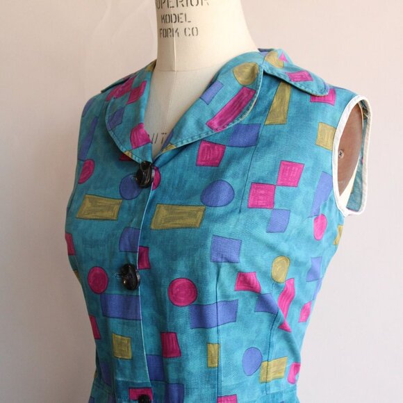 Vintage 1960s Dress, Blue Shirtwaist in Cotton, Volup Size, Geometric Shape - Picture 8 of 10